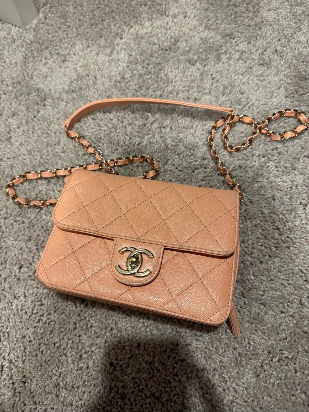CHANEL Quilted Crossbody Bag in Peach Pink with Gold Hardware